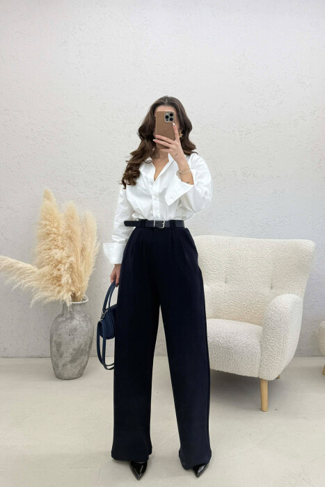 ONE COLOR BELT WOMEN TROUSERS DARK BLUE/BEE - 2