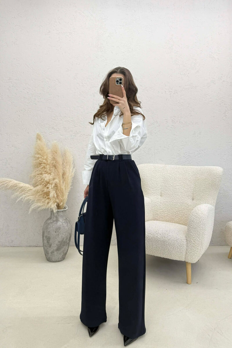 ONE COLOR BELT WOMEN TROUSERS DARK BLUE/BEE - 3