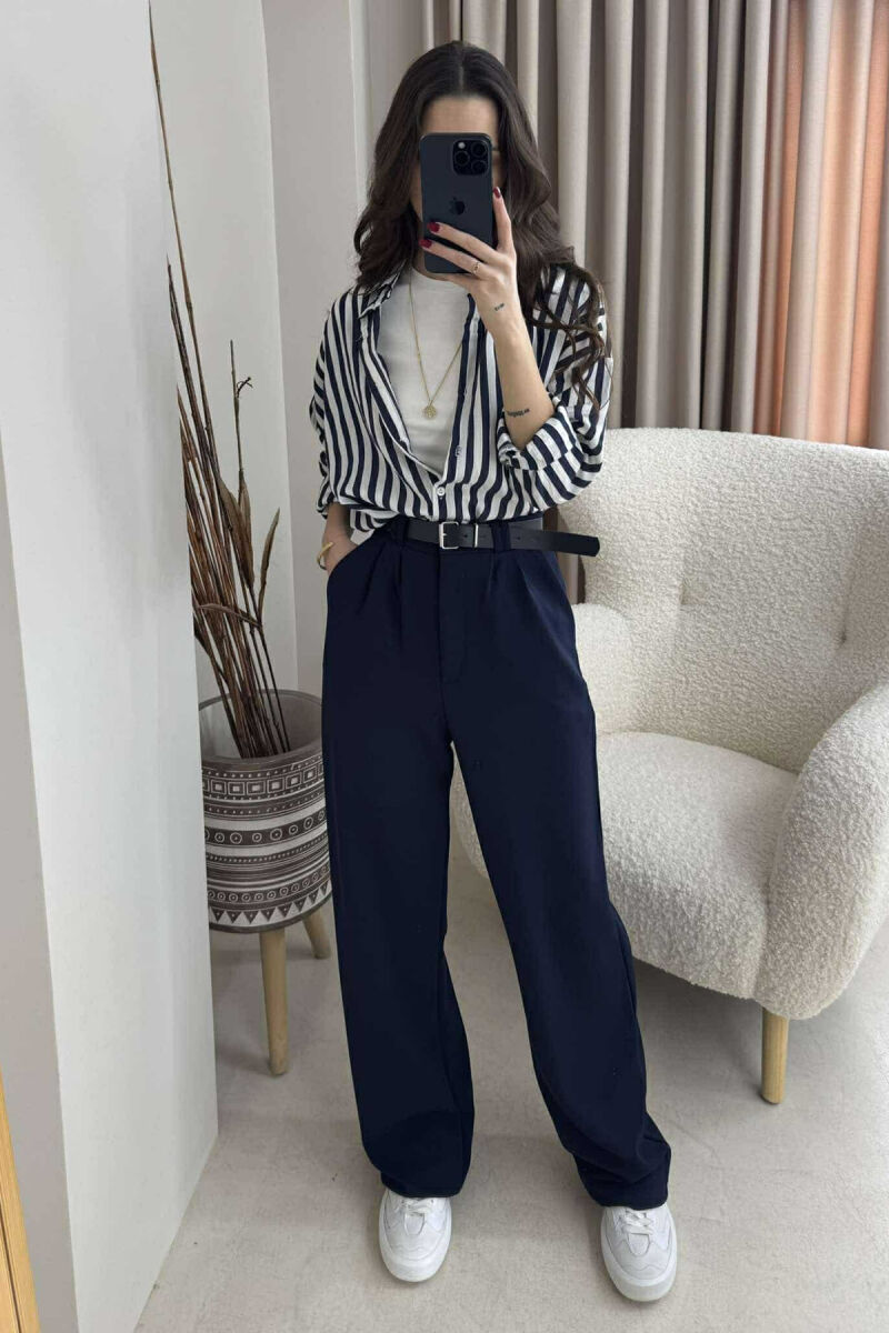 ONE COLOR BELT WOMEN TROUSERS DARK BLUE/BEE - 2