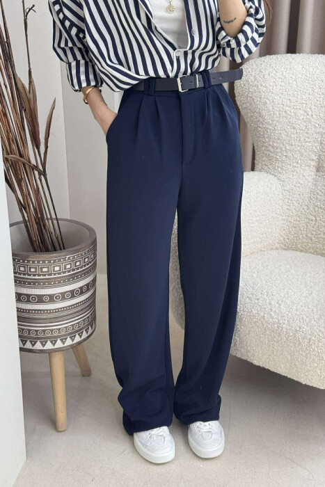 ONE COLOR BELT WOMEN TROUSERS DARK BLUE/BEE - 3