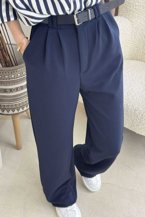 ONE COLOR BELT WOMEN TROUSERS DARK BLUE/BEE - 4