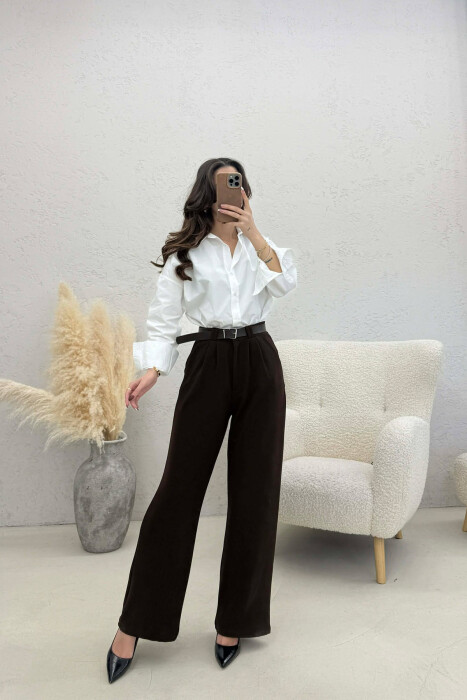 ONE COLOR BELT WOMEN TROUSERS DARK BROWN/KAE - 2