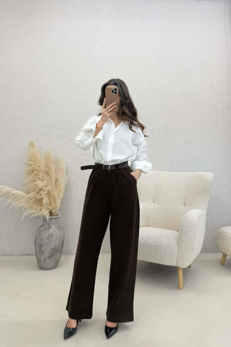 ONE COLOR BELT WOMEN TROUSERS DARK BROWN/KAE - 3