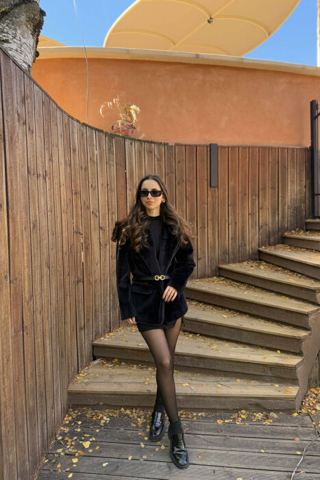 ONE COLOR BELTED FAUX WOMEN COAT BLACK/ E ZEZE - KLAUDIO FASHION