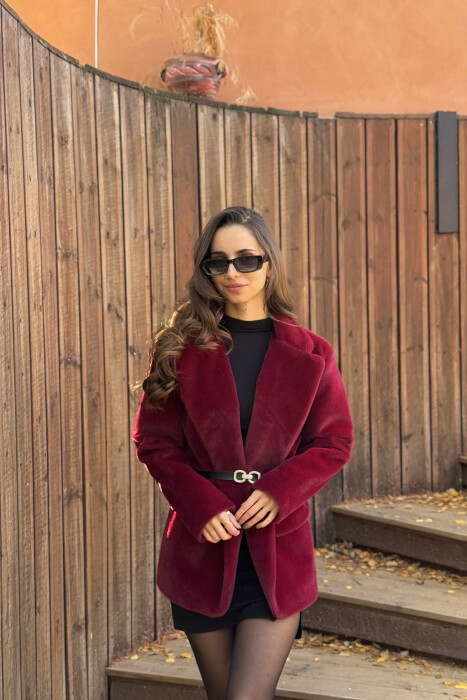 ONE COLOR BELTED FAUX WOMEN COAT BURGUNDY/VISHNJE - 2