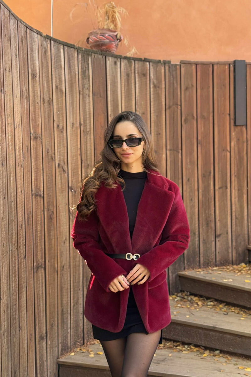 ONE COLOR BELTED FAUX WOMEN COAT BURGUNDY/VISHNJE - 2