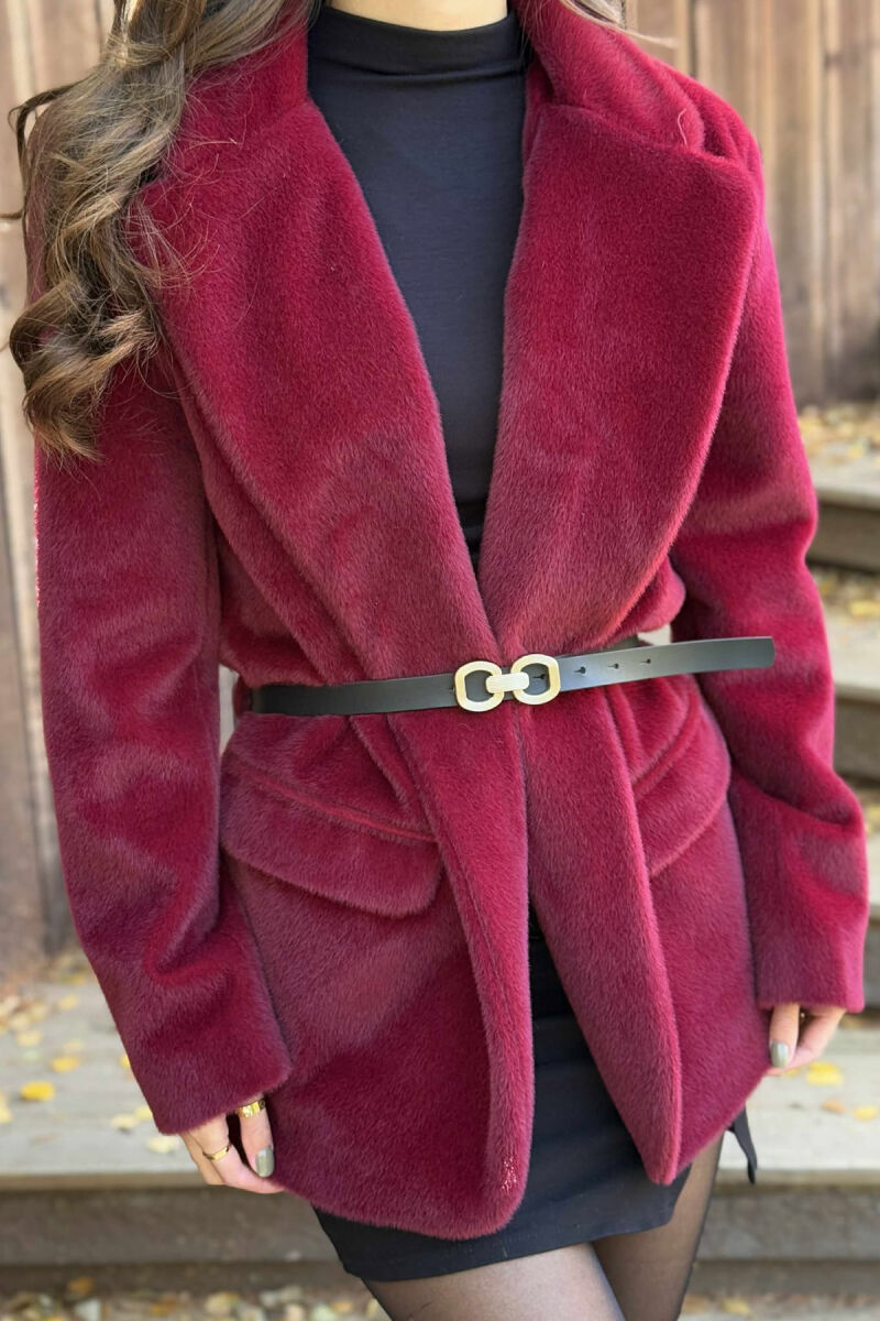 ONE COLOR BELTED FAUX WOMEN COAT BURGUNDY/VISHNJE - 3