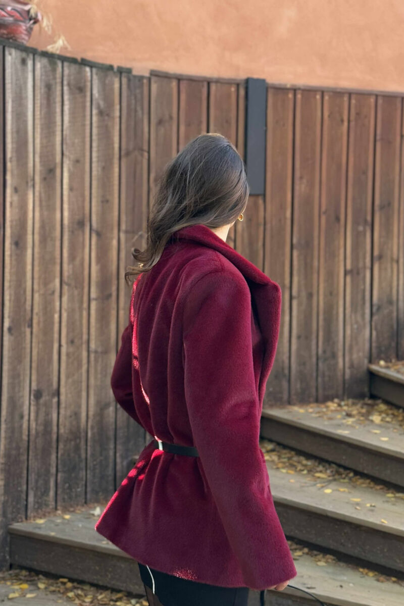 ONE COLOR BELTED FAUX WOMEN COAT BURGUNDY/VISHNJE - 4