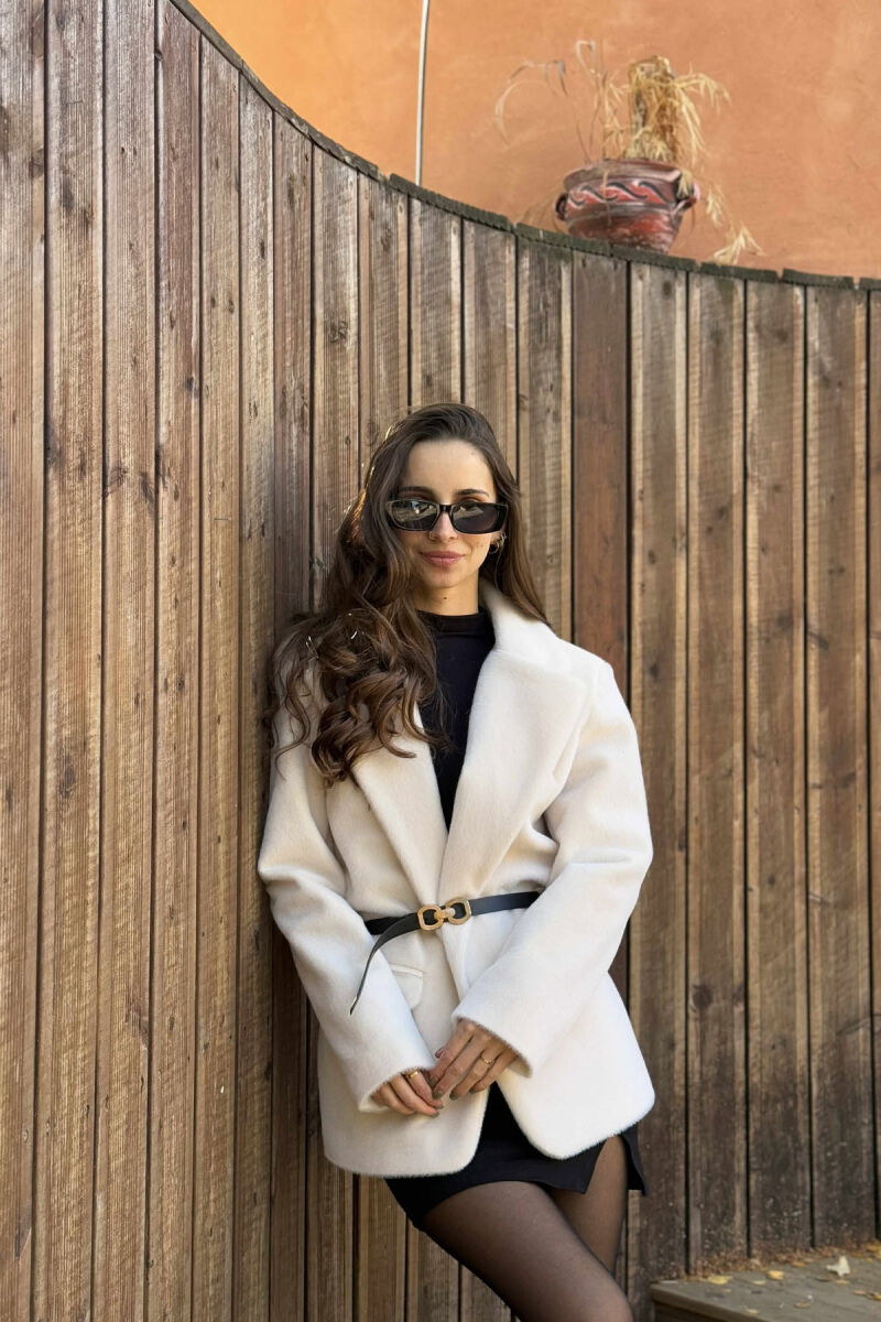 ONE COLOR BELTED FAUX WOMEN COAT CREAM/KREM - 3