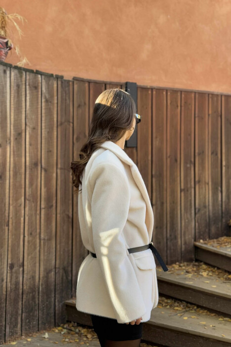 ONE COLOR BELTED FAUX WOMEN COAT CREAM/KREM - 4