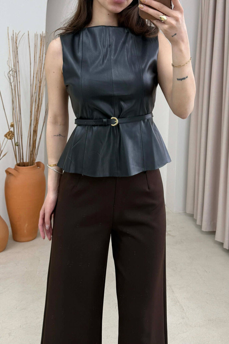 ONE COLOR BELTED LEATHER WOMEN VEST BLACK/ E ZEZE - 2