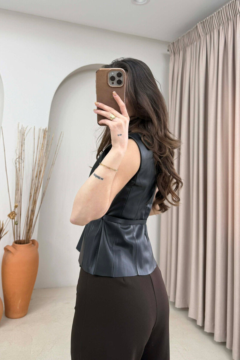 ONE COLOR BELTED LEATHER WOMEN VEST BLACK/ E ZEZE - 4