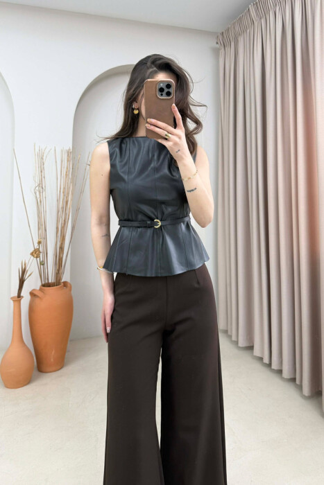 ONE COLOR BELTED LEATHER WOMEN VEST BLACK/ E ZEZE 