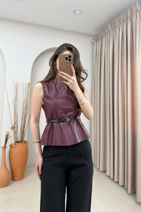 ONE COLOR BELTED LEATHER WOMEN VEST BURGUNDY/VISHNJE 