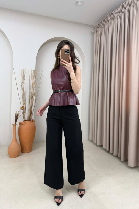 ONE COLOR BELTED LEATHER WOMEN VEST BURGUNDY/VISHNJE - 2