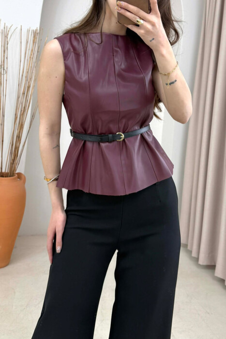 ONE COLOR BELTED LEATHER WOMEN VEST BURGUNDY/VISHNJE - 3