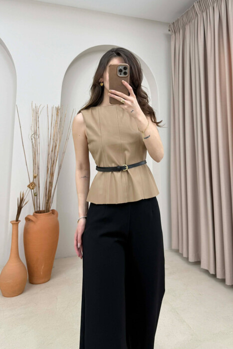 ONE COLOR BELTED LEATHER WOMEN VEST DARK BEIGE/BEZHE ERRET 