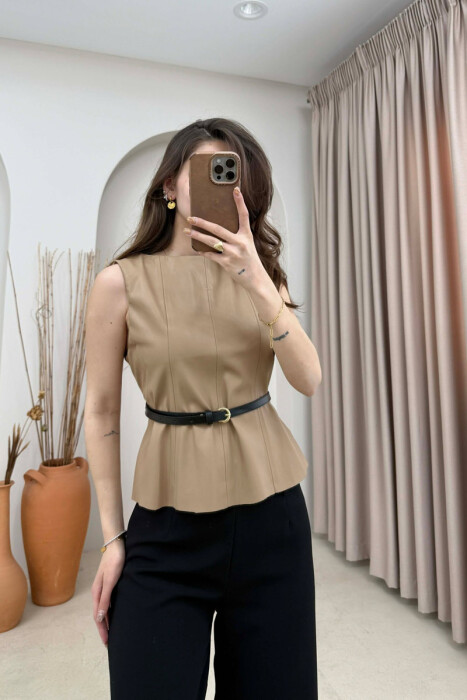 ONE COLOR BELTED LEATHER WOMEN VEST DARK BEIGE/BEZHE ERRET - 2