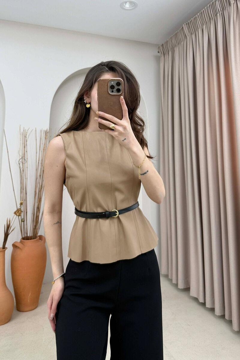ONE COLOR BELTED LEATHER WOMEN VEST DARK BEIGE/BEZHE ERRET - 2