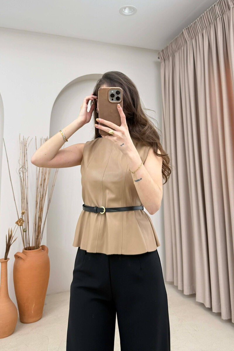 ONE COLOR BELTED LEATHER WOMEN VEST DARK BEIGE/BEZHE ERRET - 3