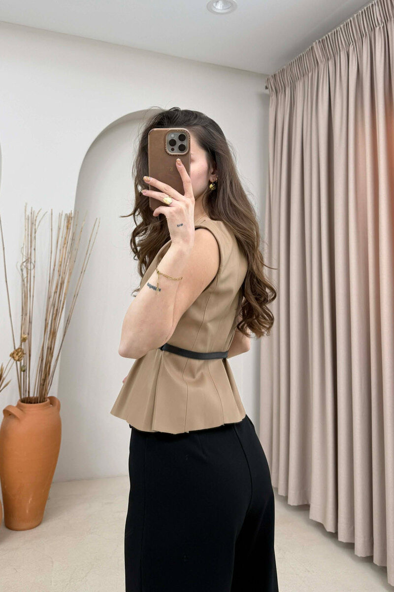 ONE COLOR BELTED LEATHER WOMEN VEST DARK BEIGE/BEZHE ERRET - 4