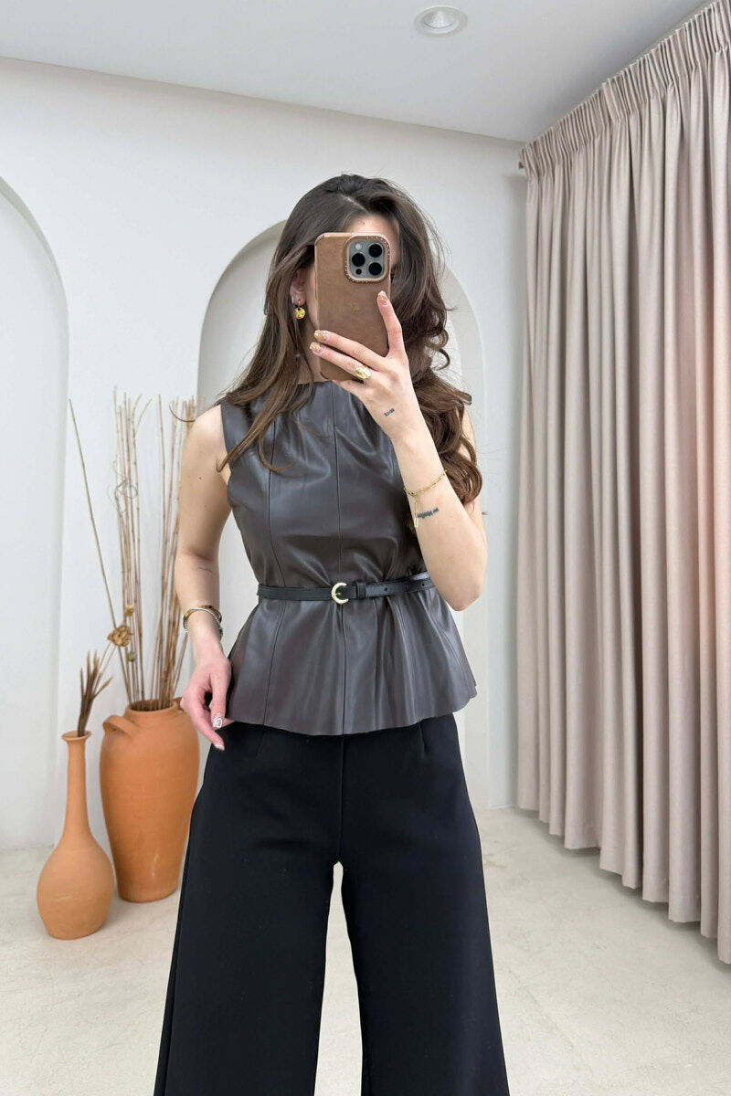 ONE COLOR BELTED LEATHER WOMEN VEST DARK BROWN/KAE - 1