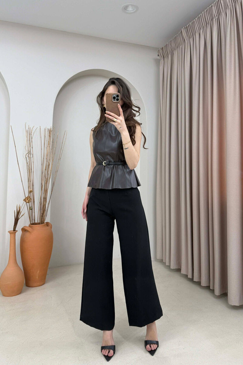 ONE COLOR BELTED LEATHER WOMEN VEST DARK BROWN/KAE - 2