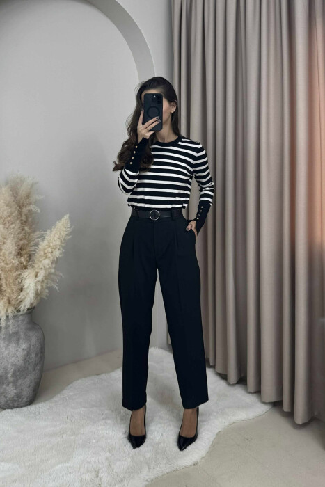 ONE COLOR BELTED SEMI ELASTIC WAIST WOMEN TROUSERS BLACK/ E ZEZE 