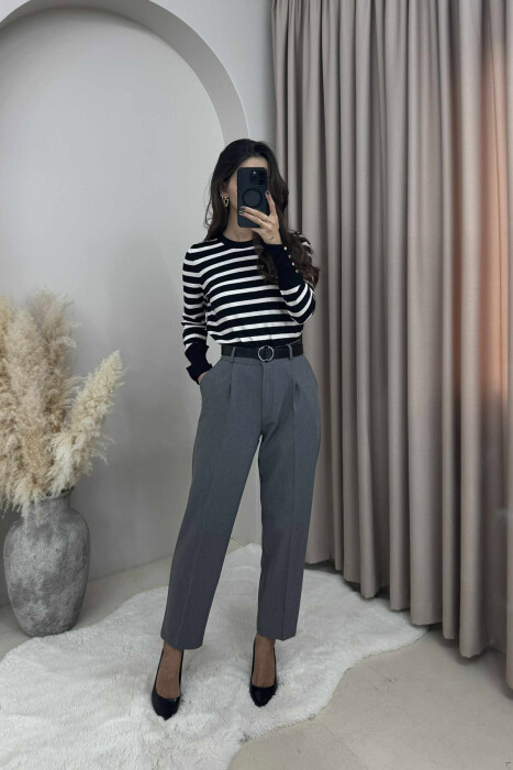ONE COLOR BELTED SEMI ELASTIC WAIST WOMEN TROUSERS GREY/GRI - 1