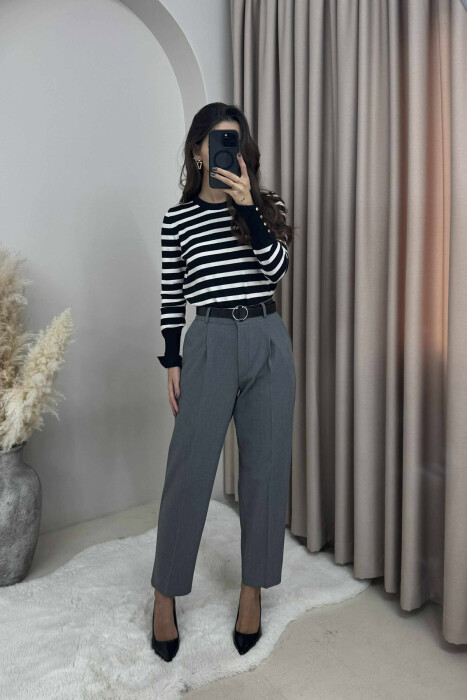 ONE COLOR BELTED SEMI ELASTIC WAIST WOMEN TROUSERS GREY/GRI - 2