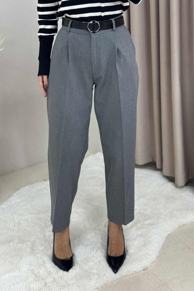 ONE COLOR BELTED SEMI ELASTIC WAIST WOMEN TROUSERS GREY/GRI - 3