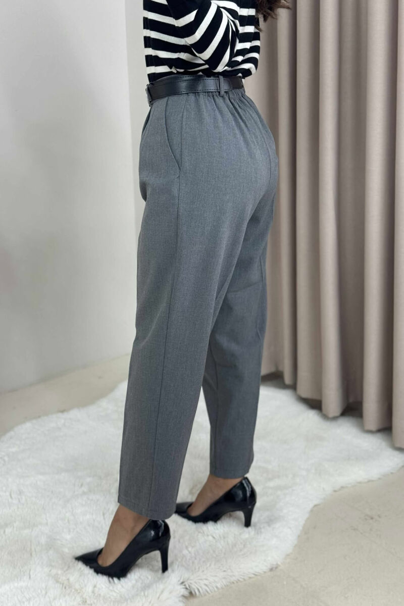 ONE COLOR BELTED SEMI ELASTIC WAIST WOMEN TROUSERS GREY/GRI - 4