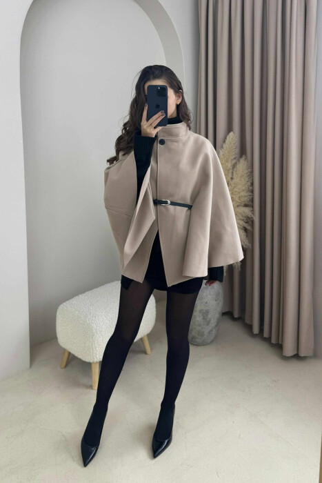 ONE COLOR BELTED WOMEN CAPE COAT BEIGE/BEZHE - KLAUDIO FASHION