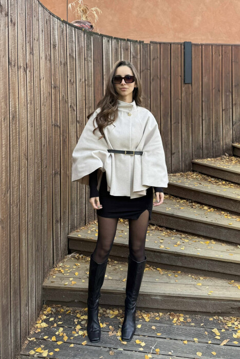 ONE COLOR BELTED WOMEN CAPE COAT BEIGE/BEZHE - 1