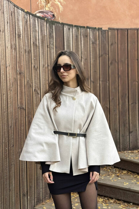 ONE COLOR BELTED WOMEN CAPE COAT BEIGE/BEZHE - 5