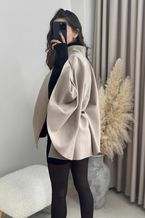 ONE COLOR BELTED WOMEN CAPE COAT BEIGE/BEZHE - 4