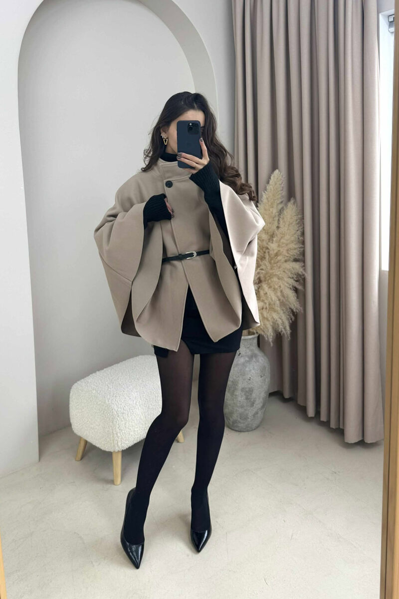 ONE COLOR BELTED WOMEN CAPE COAT BEIGE/BEZHE - 3