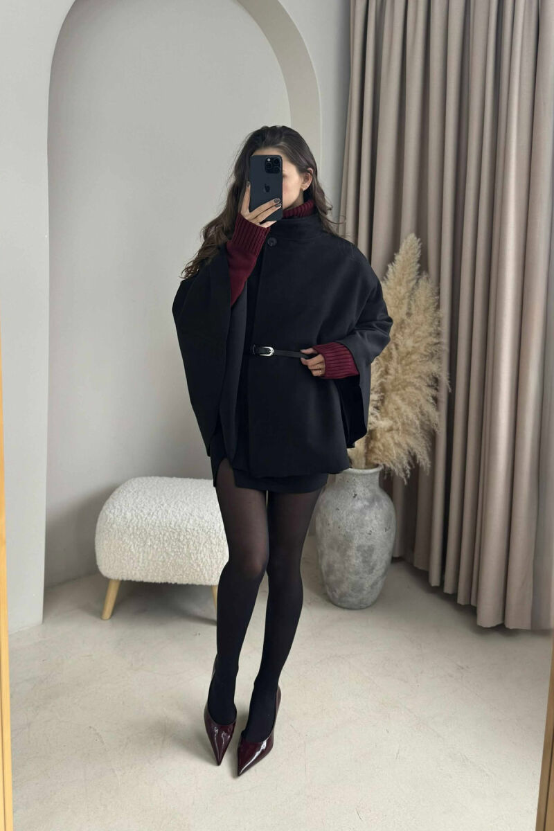 ONE COLOR BELTED WOMEN CAPE COAT BLACK/ E ZEZE - 1