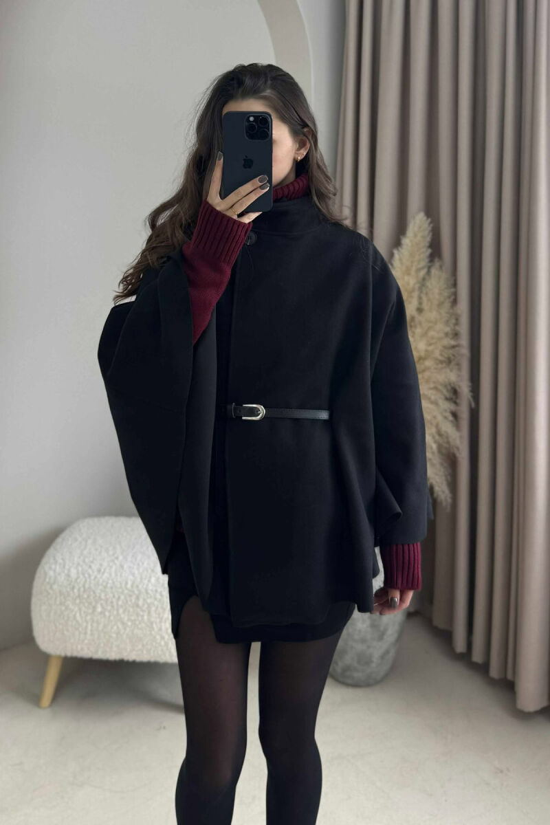 ONE COLOR BELTED WOMEN CAPE COAT BLACK/ E ZEZE - 3