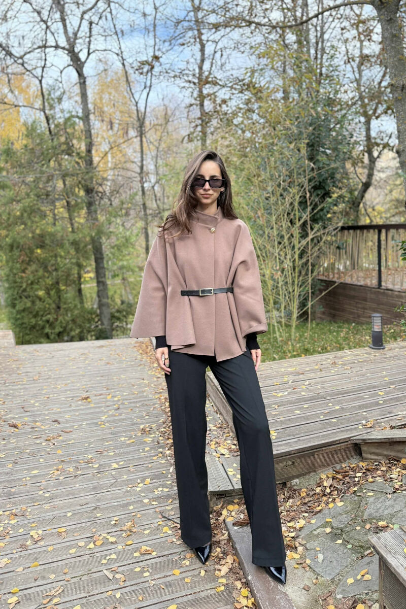 ONE COLOR BELTED WOMEN CAPE COAT BROWN/KAFE - 1