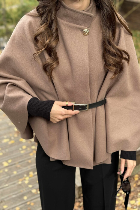 ONE COLOR BELTED WOMEN CAPE COAT BROWN/KAFE - 2
