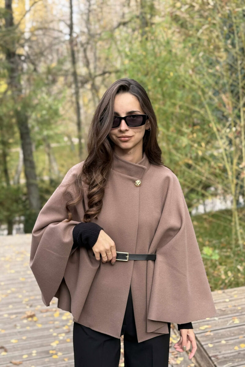 ONE COLOR BELTED WOMEN CAPE COAT BROWN/KAFE - 3