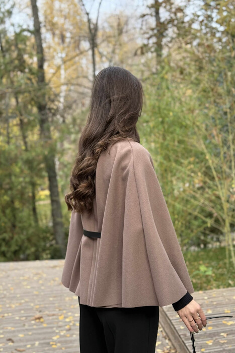ONE COLOR BELTED WOMEN CAPE COAT BROWN/KAFE - 4