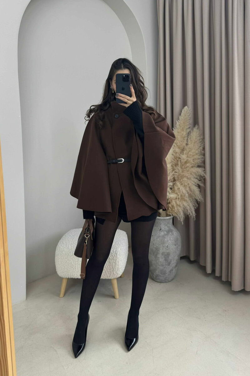 ONE COLOR BELTED WOMEN CAPE COAT BROWN/KAFE - 3