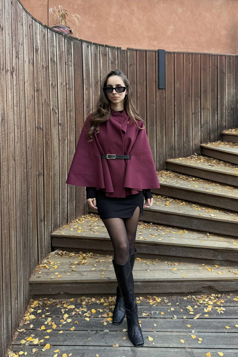 ONE COLOR BELTED WOMEN CAPE COAT BURGUNDY/VISHNJE - 1