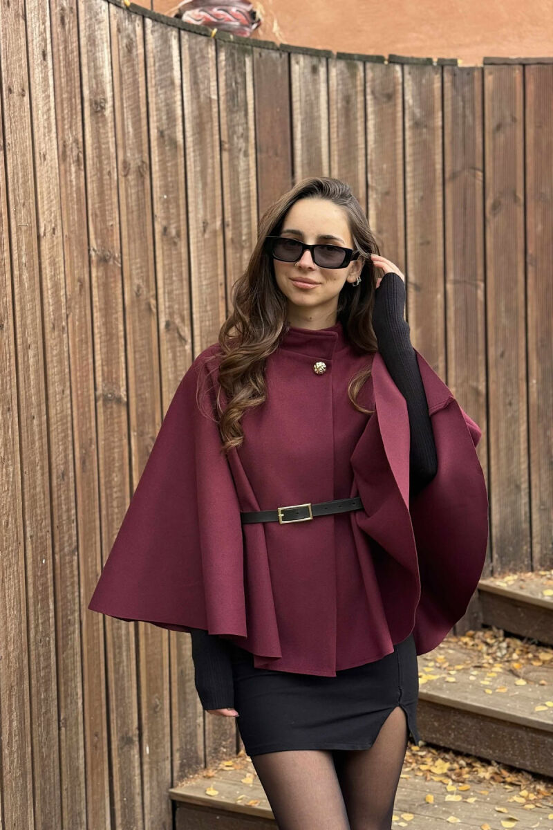 ONE COLOR BELTED WOMEN CAPE COAT BURGUNDY/VISHNJE - 2