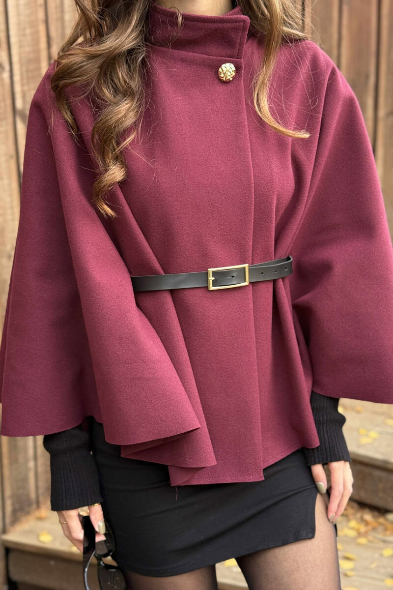 ONE COLOR BELTED WOMEN CAPE COAT BURGUNDY/VISHNJE - 3