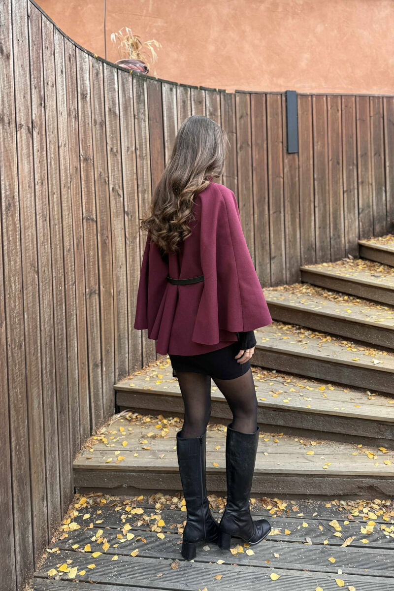 ONE COLOR BELTED WOMEN CAPE COAT BURGUNDY/VISHNJE - 4