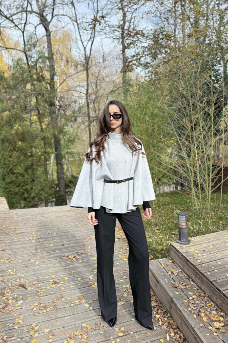 ONE COLOR BELTED WOMEN CAPE COAT LIGHT GREY/GZ - KLAUDIO FASHION
