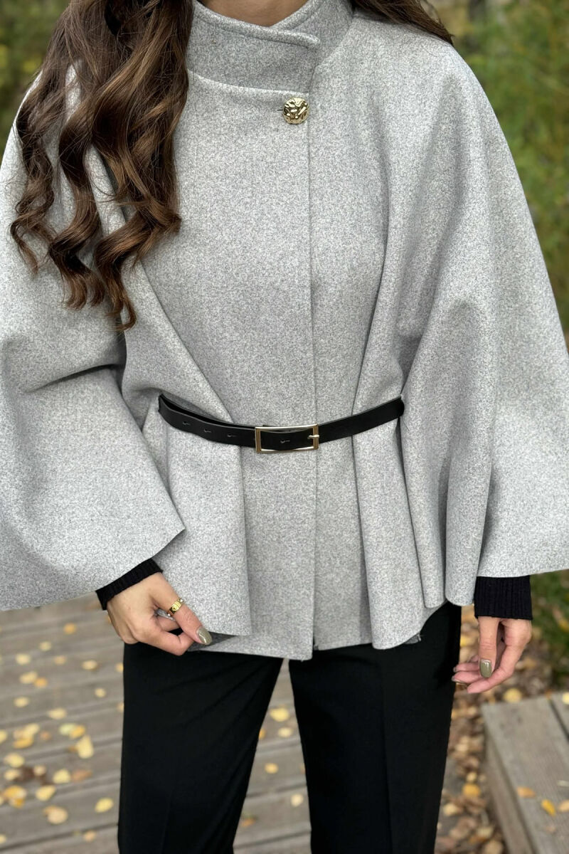 ONE COLOR BELTED WOMEN CAPE COAT LIGHT GREY/GZ - 2